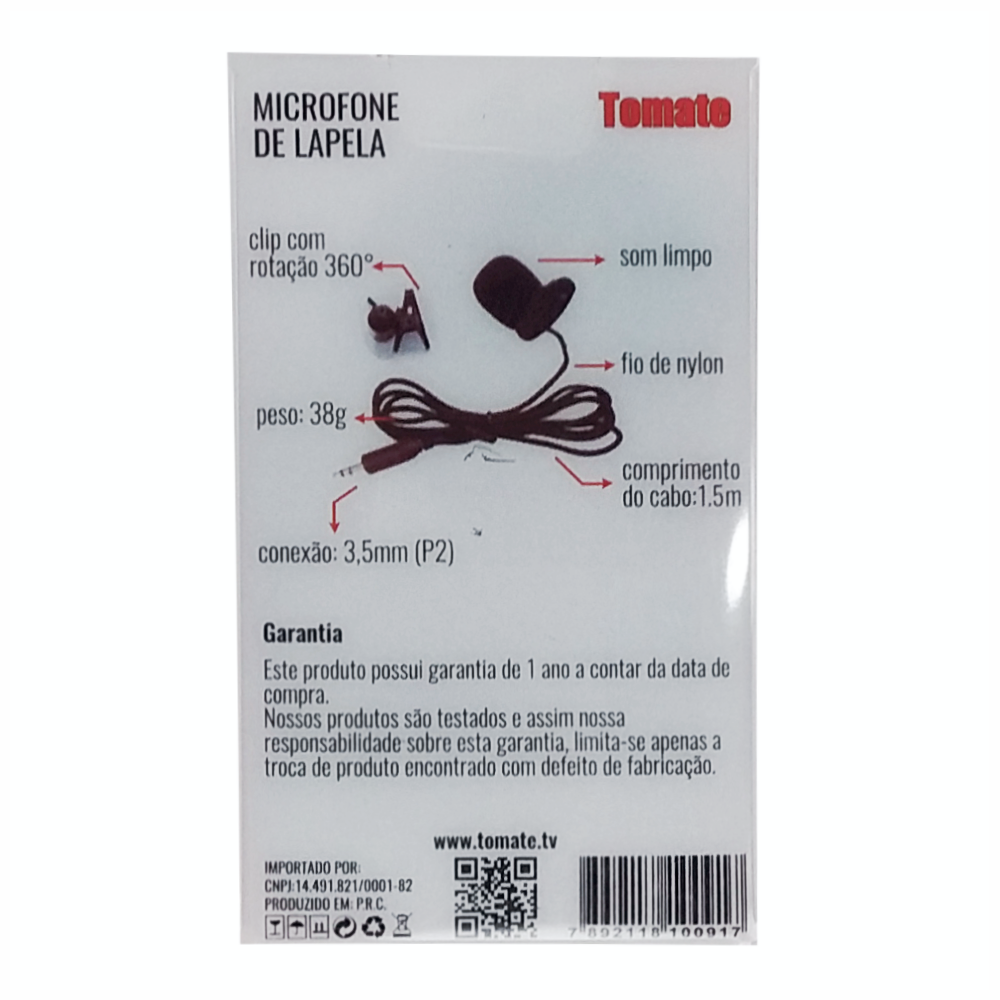 Microfone De Lapela Com Clip Tomate Mp-018 50/60kHz 40dB 30V De Saida